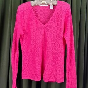Perry Ellis Womens Hot Pink V-Neck Knit Long Sleeve Top Oversized Cotton Medium